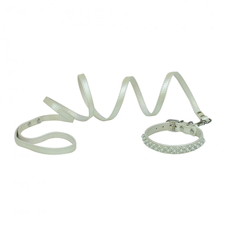Croci  nyakörv szett - vanity leash&collar set - pearl white - fehér